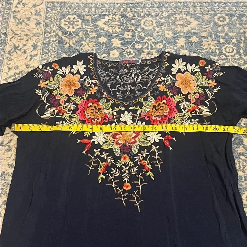 Johnny Was Shaylee Embroidered Floral Design Blue Tunic Top Bohemian Festival